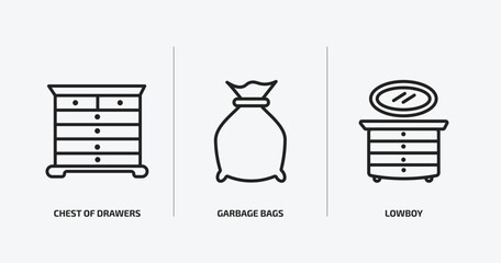 furniture & household outline icons set. furniture & household icons such as chest of drawers, garbage bags, lowboy vector. can be used web and mobile.