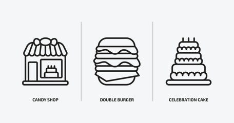 Poster - food outline icons set. food icons such as candy shop, double burger, celebration cake vector. can be used web and mobile.