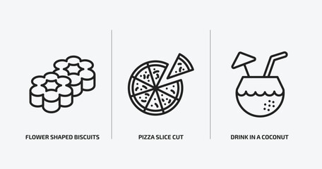 Poster - food outline icons set. food icons such as flower shaped biscuits, pizza slice cut, drink in a coconut vector. can be used web and mobile.