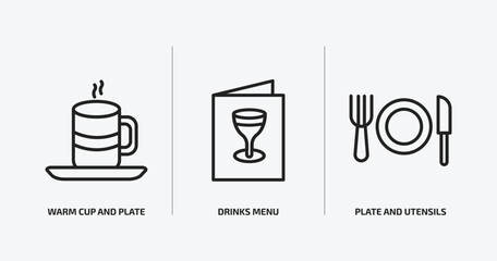 Poster - food outline icons set. food icons such as warm cup and plate, drinks menu, plate and utensils vector. can be used web and mobile.