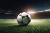 Fototapeta Sport - An image of a soccer ball sitting on a perfectly manicu Generative AI