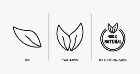 Poster - ecology outline icons set. ecology icons such as eco, two leaves, 100 % natural badge vector. can be
