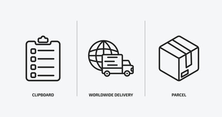 Poster - delivery and logistic outline icons set. delivery and logistic icons such as clipboard, worldwide delivery, parcel vector. can be used web and mobile.