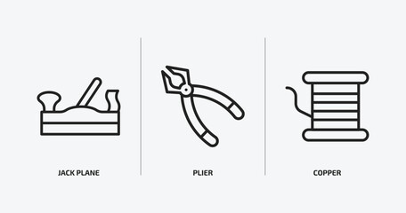 Poster - construction and tools outline icons set. construction and tools icons such as jack plane, plier, copper vector. can be used web and mobile.