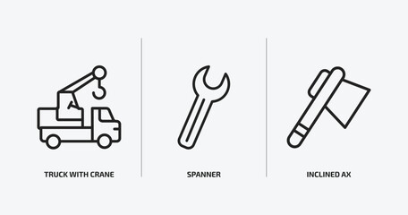 Poster - construction outline icons set. construction icons such as truck with crane, spanner, inclined ax vector. can be used web and mobile.