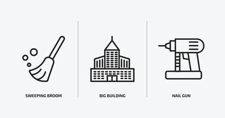 Poster - construction outline icons set. construction icons such as sweeping broom, big building, nail gun vector. can be used web and mobile.