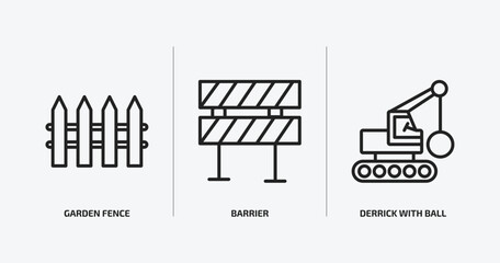 Poster - construction outline icons set. construction icons such as garden fence, barrier, derrick with ball 