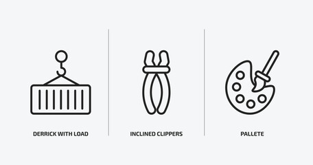 Poster - construction outline icons set. construction icons such as derrick with load, inclined clippers, pal