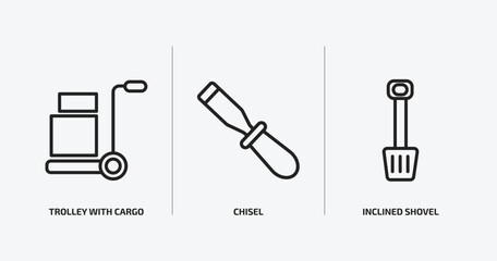 Poster - construction outline icons set. construction icons such as trolley with cargo, chisel, inclined shovel vector. can be used web and mobile.