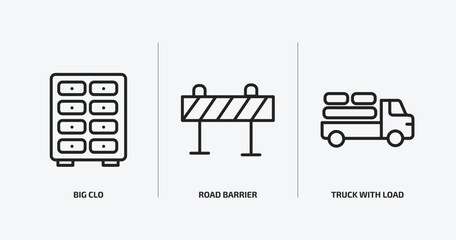 Poster - construction outline icons set. construction icons such as big clo, road barrier, truck with load vector. can be used web and mobile.