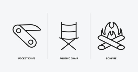Poster - camping outline icons set. camping icons such as pocket knife, folding chair, bonfire vector. can be used web and mobile.