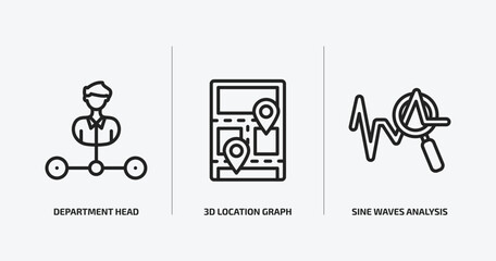 business and analytics outline icons set. business and analytics icons such as department head, 3d location graph, sine waves analysis vector. can be used web and mobile.