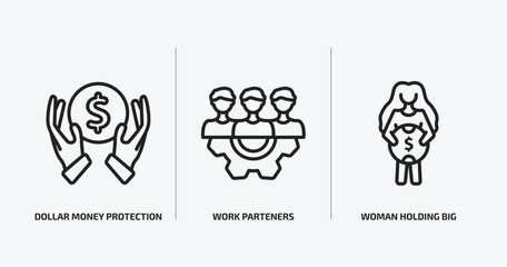 Poster - business outline icons set. business icons such as dollar money protection, work parteners, woman holding big coin vector. can be used web and mobile.