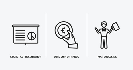 Poster - business outline icons set. business icons such as statistics presentation, euro coin on hands, man succesing vector. can be used web and mobile.