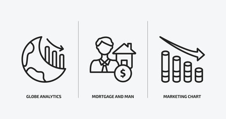 Poster - business outline icons set. business icons such as globe analytics, mortgage and man, marketing char