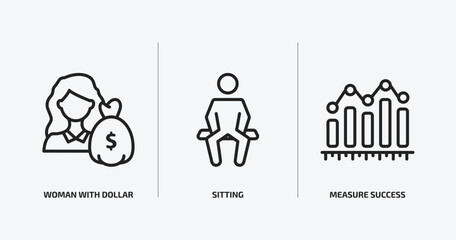 Poster - business outline icons set. business icons such as woman with dollar bill, sitting, measure success vector. can be used web and mobile.