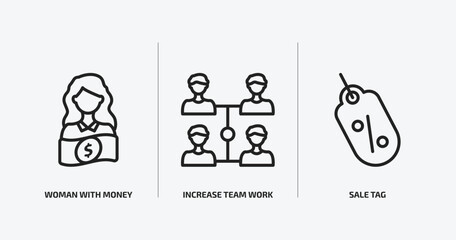Poster - business outline icons set. business icons such as woman with money, increase team work, sale tag vector. can be used web and mobile.