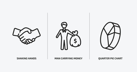 Poster - business outline icons set. business icons such as shaking hands, man carrying money, quarter pie chart vector. can be used web and mobile.