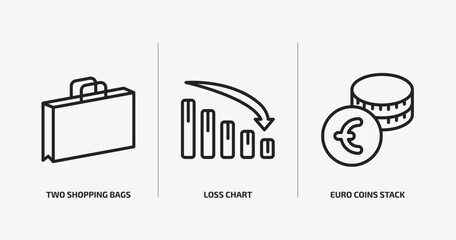 Poster - business outline icons set. business icons such as two shopping bags, loss chart, euro coins stack v