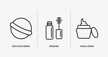 Poster - beauty outline icons set. beauty icons such as bath salts bomb, mascara, facial cream vector. can be
