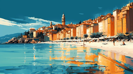 Wall Mural - Illustration of beautiful view of Menton, France