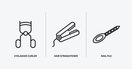 Poster - beauty outline icons set. beauty icons such as eyelashes curler, hair straightener, nail file vector. can be used web and mobile.