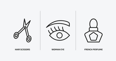 Poster - beauty outline icons set. beauty icons such as hair scissors, woman eye, french perfume vector. can be used web and mobile.