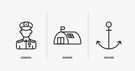 Poster - army and war outline icons set. army and war icons such as general, bunker, anchor vector. can be used web and mobile.