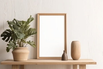 Blank wooden picture frame mockup on wall in modern interior. Vertical artwork template mock up for artwork, painting, photo or poster in interior design with Generative AI technology