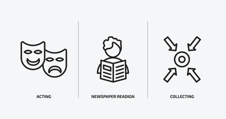 Poster - activity and hobbies outline icons set. activity and hobbies icons such as acting, newspaper readign, collecting vector. can be used web and mobile.