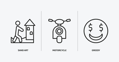 Poster - activity and hobbies outline icons set. activity and hobbies icons such as sand art, motorcycle, greedy vector. can be used web and mobile.