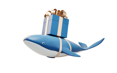 Whale and gift box, 3d rendering.