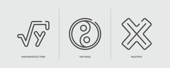 set of 3 outline icons in signs concept. thin line icons including mathematics thin line, yin yang, multiply vector. can be used web and mobile.