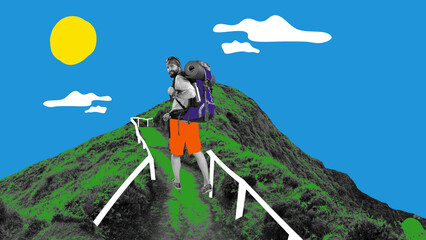 happy, smiling man with backpack going upwards mountains, climbing, hiking. active leisure. contempo