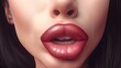 © TRAVELARIUM - Close up sexy woman lips after lip augmentation cosmetic procedure, female lips shape modification using fillers, juicy lips with red lipstick, lip augmentation concept, generative AI