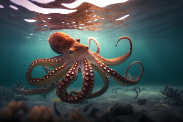 Wall Mural - Generative AI image of the giant octopus, one of animal that has been listed under the endangered species.