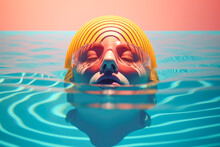Generative AI Illustration Of Calm Woman In Sunglasses Resting In Swimming Pool With Blue Clear Rippling Water Representing Concept Of Summer Holidays