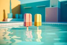 Generative AI Illustration Of Different Colored Ice Cream Placed In Swimming Pool With Transparent Blue Water Representing Concept Of Summer Holidays