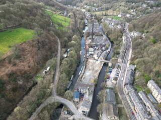 Poster - Aerial view of Hebden Bridge with views of the town and surrounding countryside. Hebden Bridge Yorkshire England. 