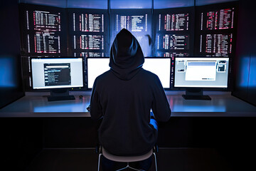 Generative AI illustration back view of anonymous person in hoodie browsing and programming on multiple monitor screen of computer while sitting at desk in modern office with dark background