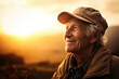 © ADDICTIVE STOCK - Generative AI image of portrait of side view of smiling elderly male with gray hair looking away while admiring amazing sunset sky against blurred landscape