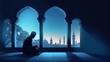 © Salsabila Ariadina - eid ul adha mubarak day background illustration, sillhouette of Muslim man sitting and holding Quran with view of mosque, Generative AI