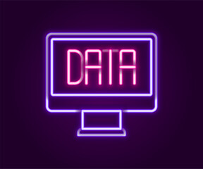 Poster - glowing neon line data analysis icon isolated on black background. business data analysis process, s