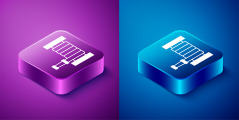 Wall Mural - Isometric Fire hose reel icon isolated on blue and purple background. Square button. Vector