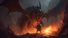 ファンタジー黒翼のドラゴンと騎士の軍団、巨大なドラゴンから火を噴くイラスト、中世の騎士の英雄、壮大な戦闘ファンタジーゲームAI