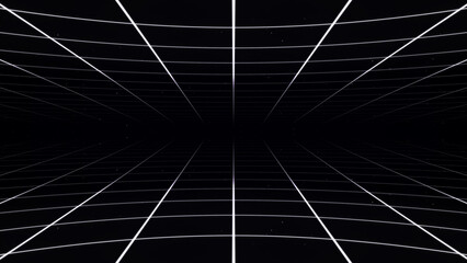 Poster - Abstract retro synthwave grid loop animation background 3d render. Looping grid motion design with particles moving away from the screen. 3d render.