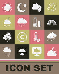 Sticker - Set Cloud with moon, rain, Rainbow, and, Sun and Meteorology thermometer icon. Vector