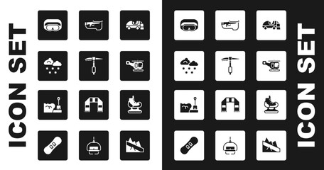 Wall Mural - Set Ice resurfacer, axe, Cloud with snow, Ski goggles, Rescue helicopter, Biathlon rifle, Skates and Shovel in snowdrift icon. Vector