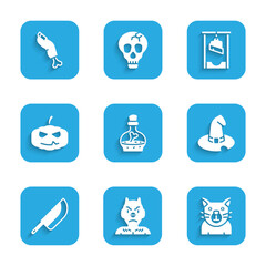 Sticker - Set Bottle with potion, Krampus, heck, Cat, Witch hat, Knife, Pumpkin, Guillotine and Zombie finger icon. Vector