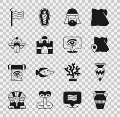 Sticker - Set Egyptian vase, Map of, man, house, Scarab, Flag Of and Eye Horus icon. Vector